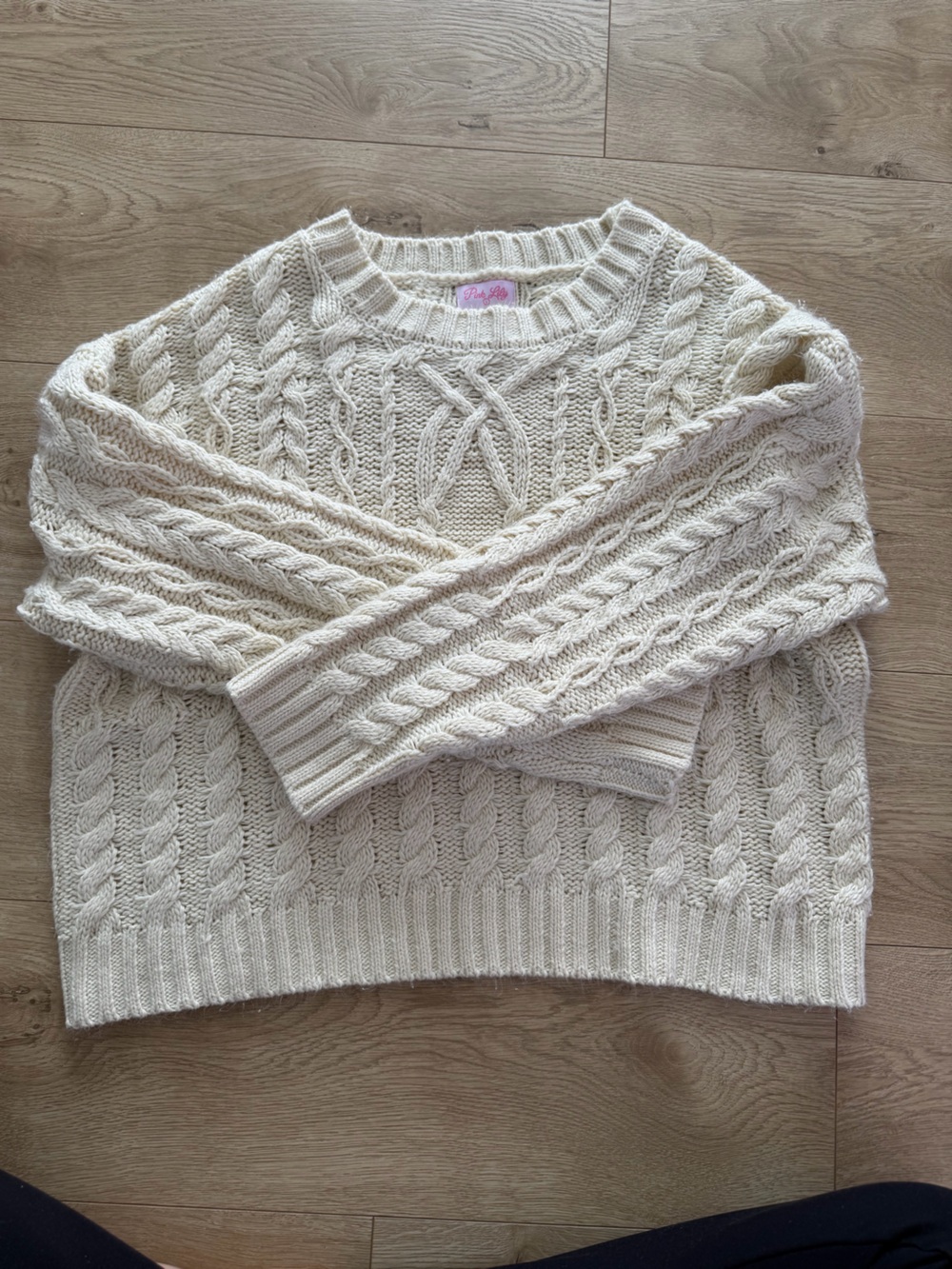 Pink Lily Cream Cable Knit Scoop Neck Sweater